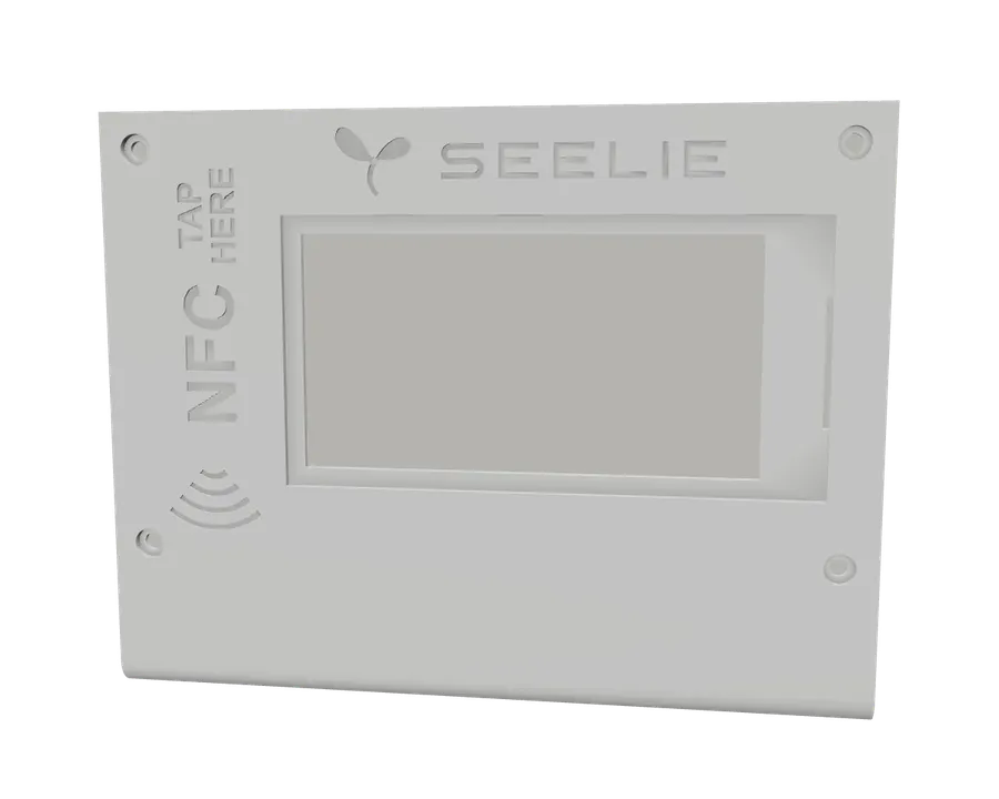 3D render of the white card enclosure with an e-paper window and NFC mark